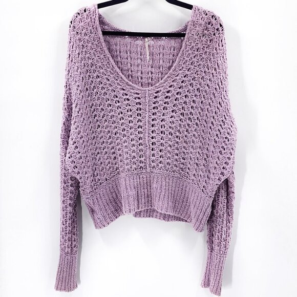 FREE PEOPLE Best Of You V-Neck Open Knit Sweater Lavender Purple - Picture 5 of 8
